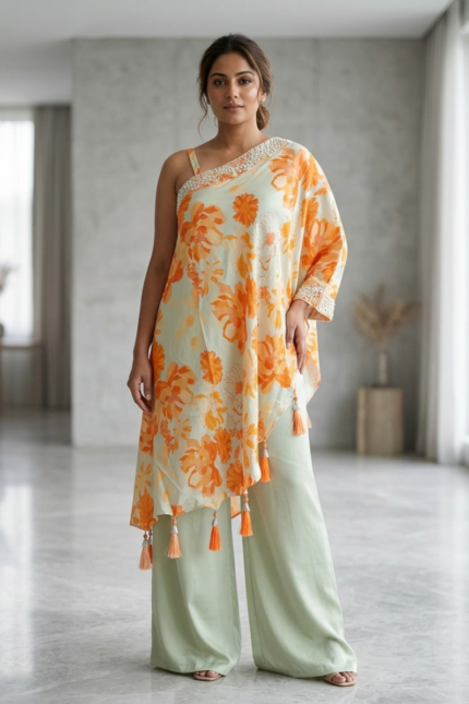 Home 58 SIMISH Floral One-Shoulder Kurta Set for Women with Palazzo Pants | Pastel Green & Orange Designer Ethnic Party Wear