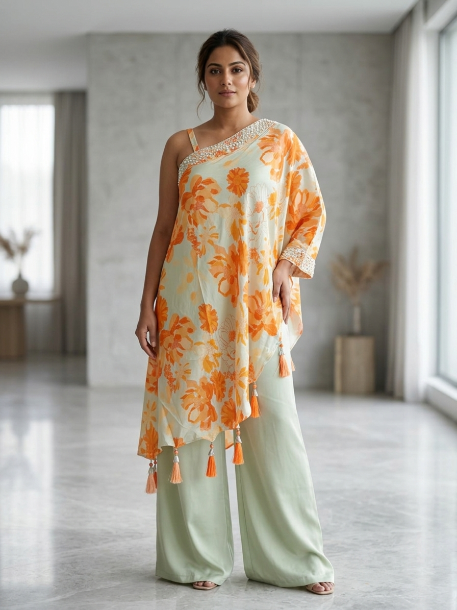 SIMISH Floral One-Shoulder Kurta Set for Women with Palazzo Pants | Pastel Green & Orange Designer Ethnic Party Wear