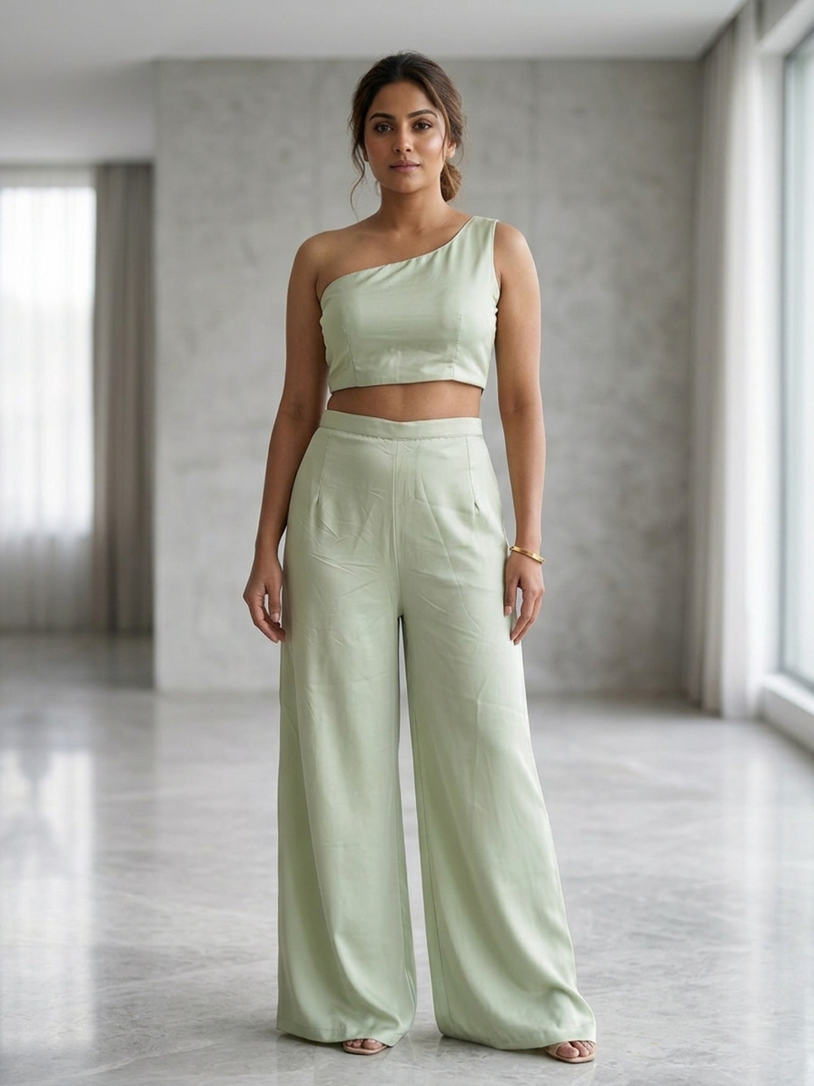 SIMISH Floral One-Shoulder Kurta Set for Women with Palazzo Pants | Pastel Green & Orange Designer Ethnic Party Wear