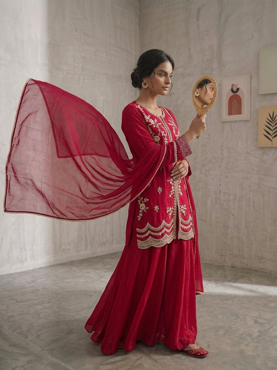 SIMISH Elegant Red Embroidered Salwar Suit for Women with Net Dupatta | Designer Wedding & Festive Ethnic Party Wear
