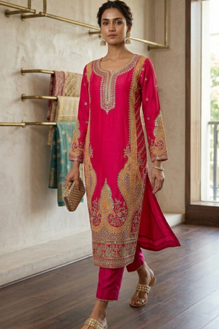 Pink Embroidered Kurta Set for Women with Pant & Dupatta  Festive Wear Kurta Set