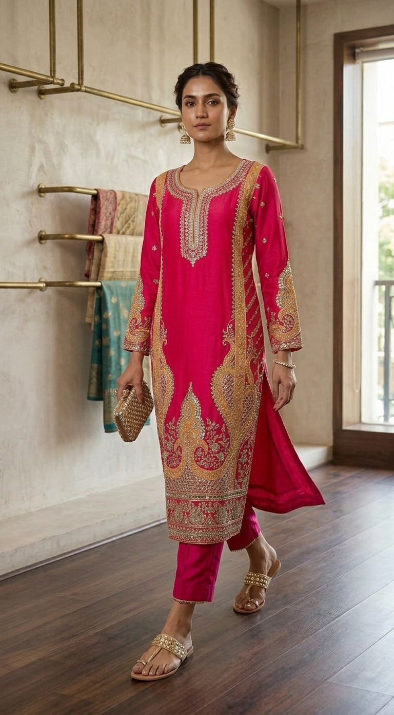 Pink Embroidered Kurta Set for Women with Pant & Dupatta  Festive Wear Kurta Set