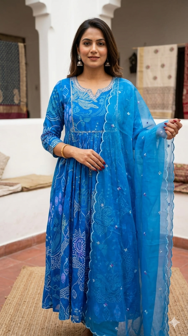 Blue Printed Kurta Set for Women with Dupatta | Festive Wear Blue Kurta Set