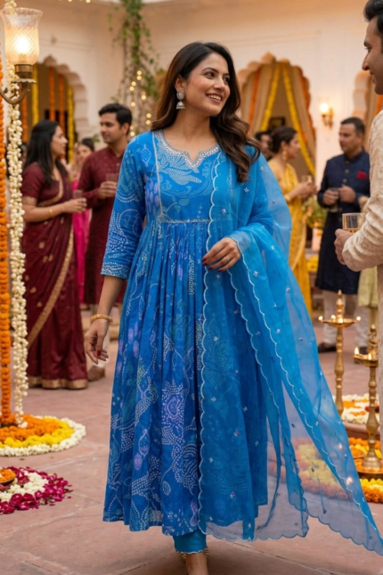 Blue Printed Kurta Set for Women with Dupatta Festive Wear Blue Kurta Set