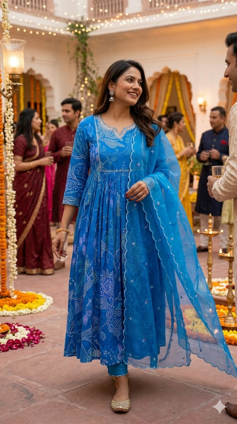 Blue Printed Kurta Set for Women with Dupatta | Festive Wear Blue Kurta Set