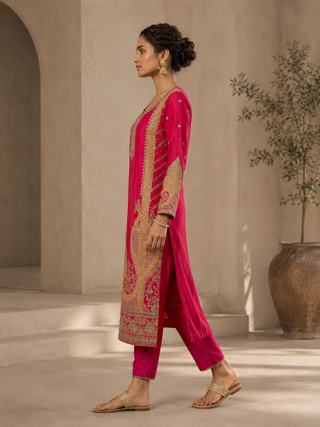 Pink Embroidered Kurta Set for Women with Pant & Dupatta  Festive Wear Kurta Set