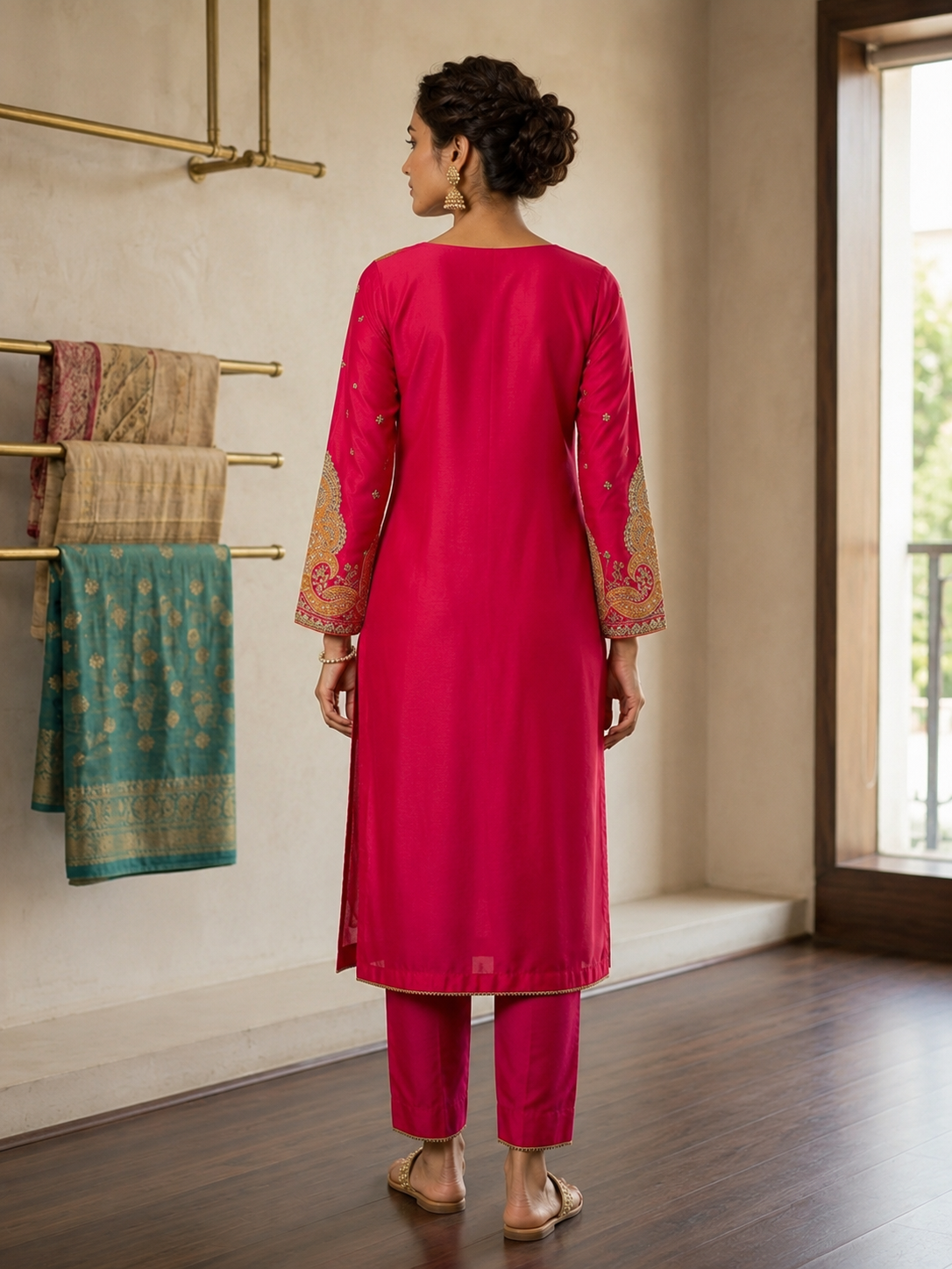 Pink Embroidered Kurta Set for Women with Pant & Dupatta  Festive Wear Kurta Set
