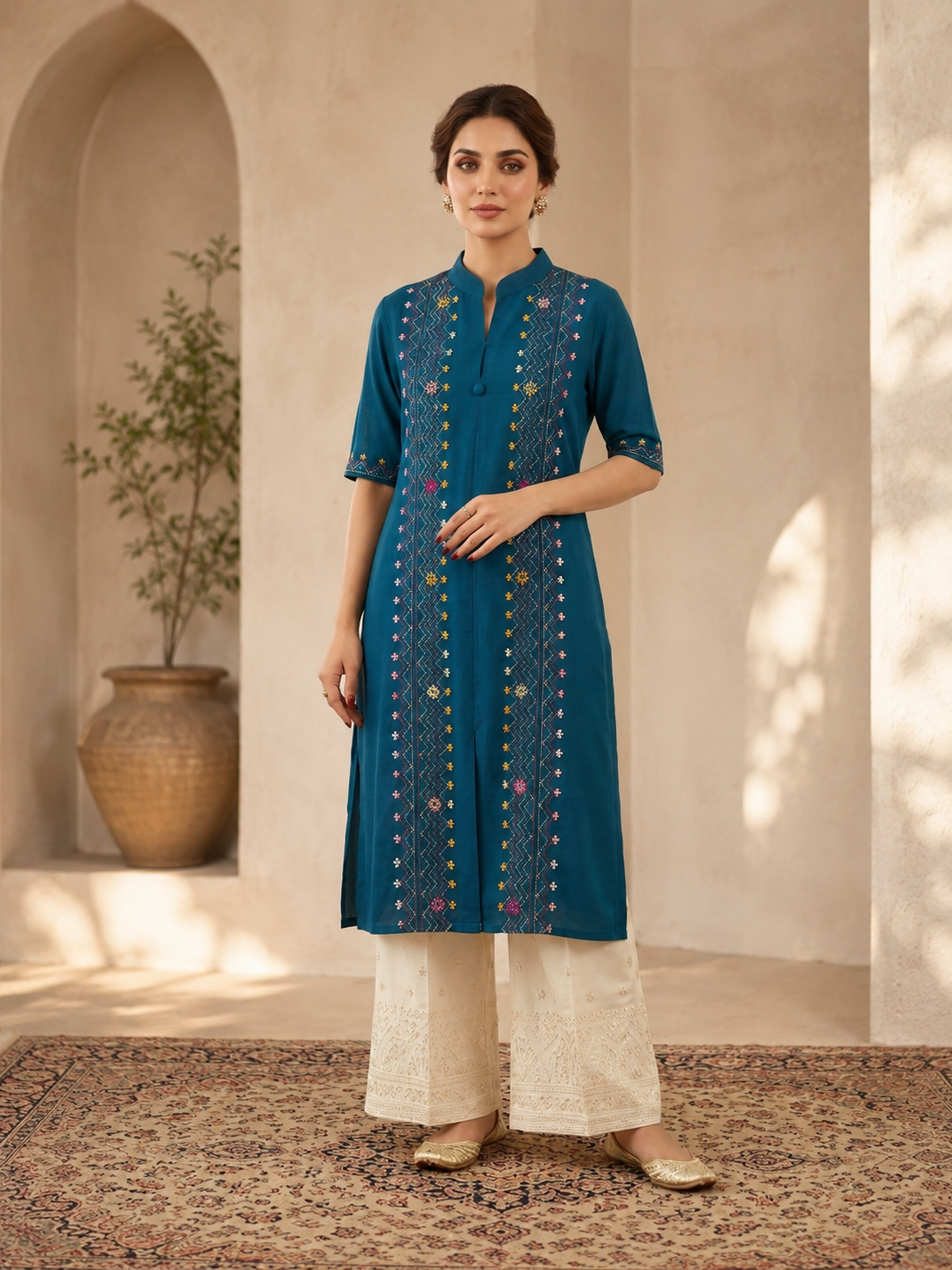 Teal Blue Embroidered Kurta Set for Women with Cream Palazzo Pants  Stylish Ethnic Wear