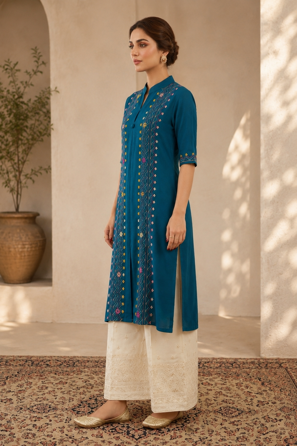 Teal Blue Embroidered Kurta Set for Women with Cream Palazzo Pants  Stylish Ethnic Wear