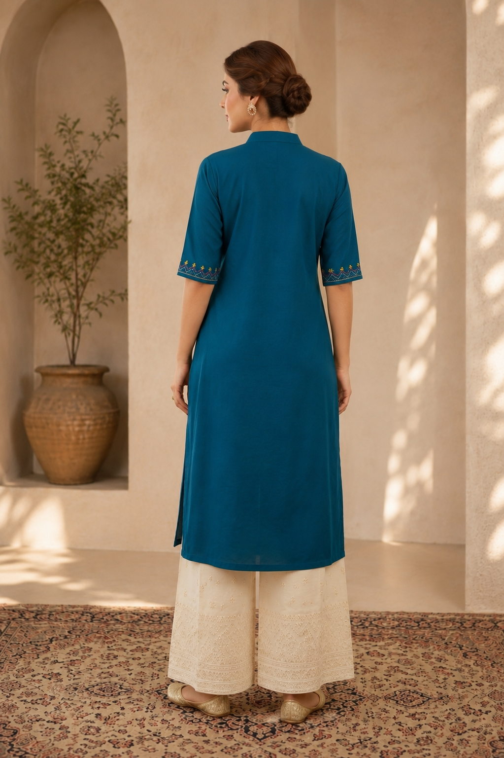 Teal Blue Embroidered Kurta Set for Women with Cream Palazzo Pants  Stylish Ethnic Wear