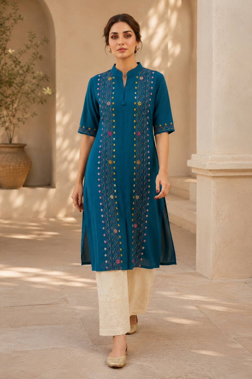 Teal Blue Embroidered Kurta Set for Women with Cream Palazzo Pants  Stylish Ethnic Wear