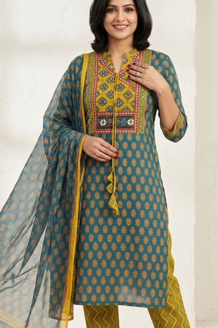 Green Printed Kurta Set for Women with Dupatta Mustard Pant Ethnic Kurta Pant Set