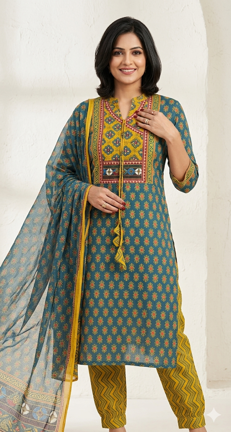 Green Printed Kurta Set for Women with Dupatta & Mustard Pant  Ethnic Kurta Pant Set
