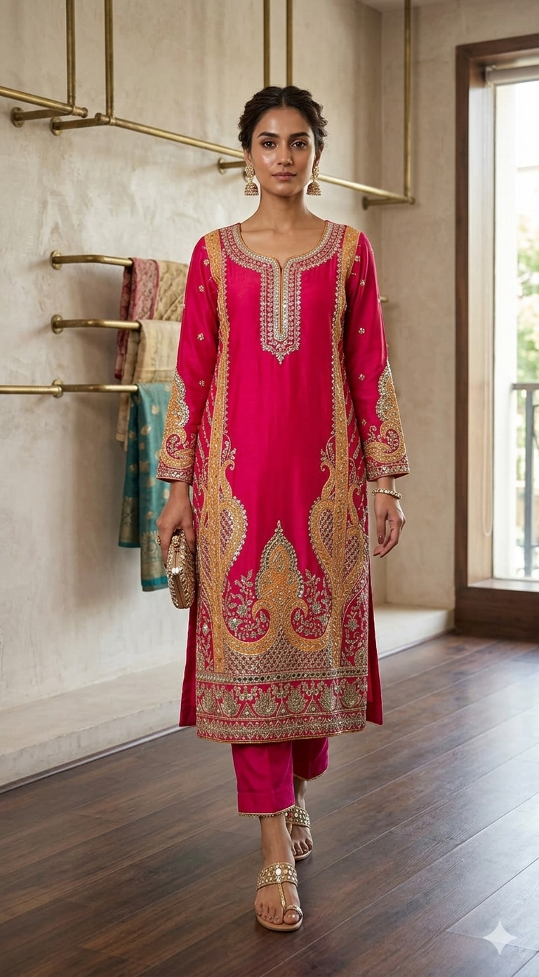 Pink Embroidered Kurta Set for Women with Pant & Dupatta  Festive Wear Kurta Set