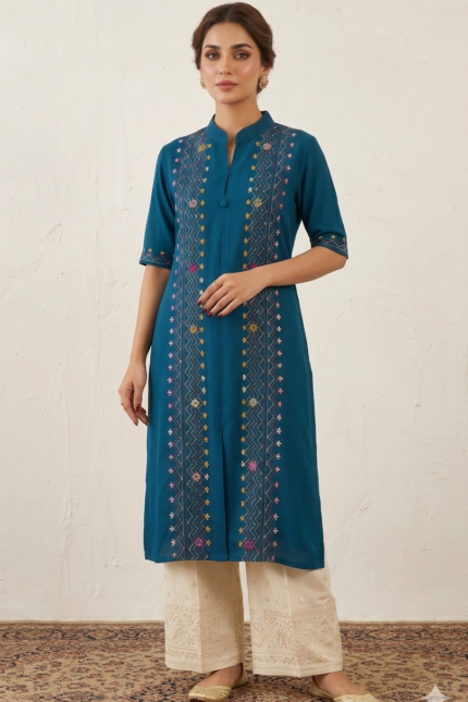 Teal Blue Embroidered Kurta Set for Women with Cream Palazzo Pants  Stylish Ethnic Wear