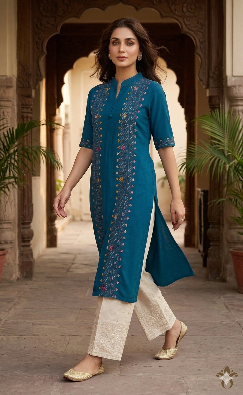 Teal Blue Embroidered Kurta Set for Women with Cream Palazzo Pants  Stylish Ethnic Wear