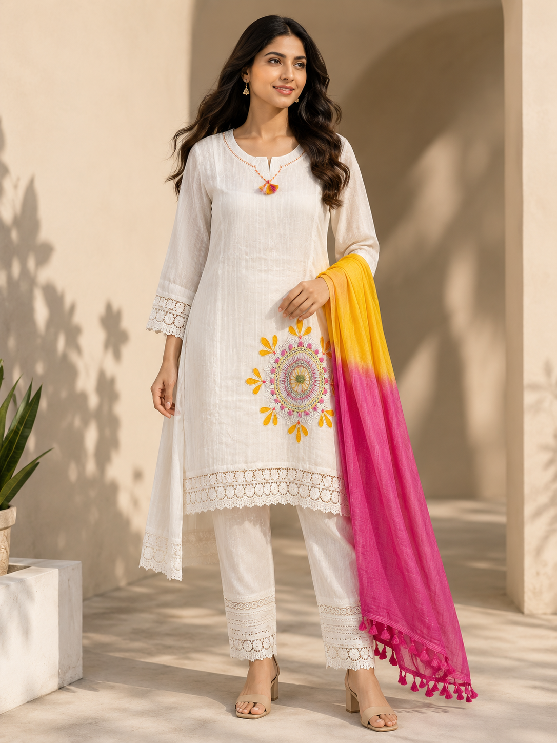 Women's White Embroidered Cotton Kurta Set with Lace Pants & Yellow Pink Ombre Dupatta