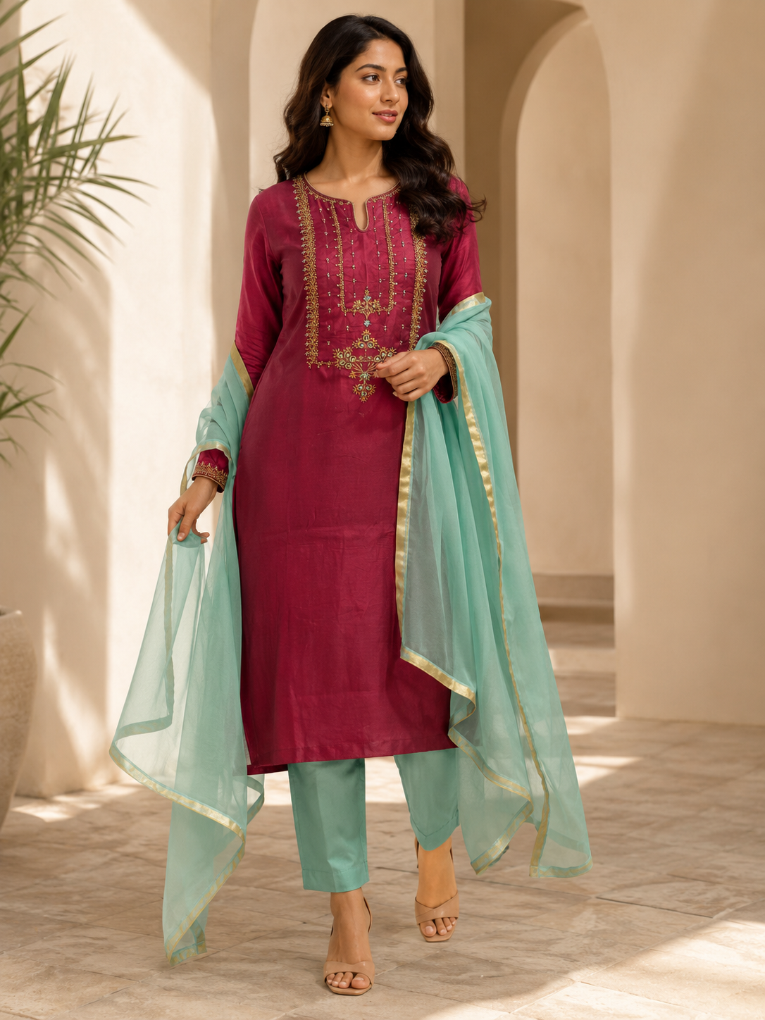 Women's Maroon Embroidered Kurta Set with Sea Green Dupatta & Straight Pants
