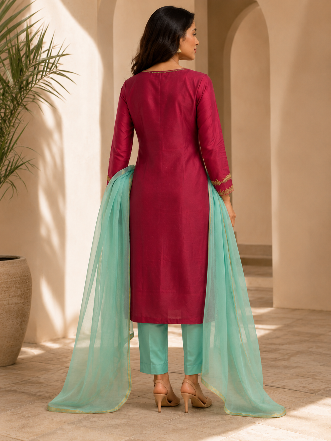 Women's Maroon Embroidered Kurta Set with Sea Green Dupatta & Straight Pants