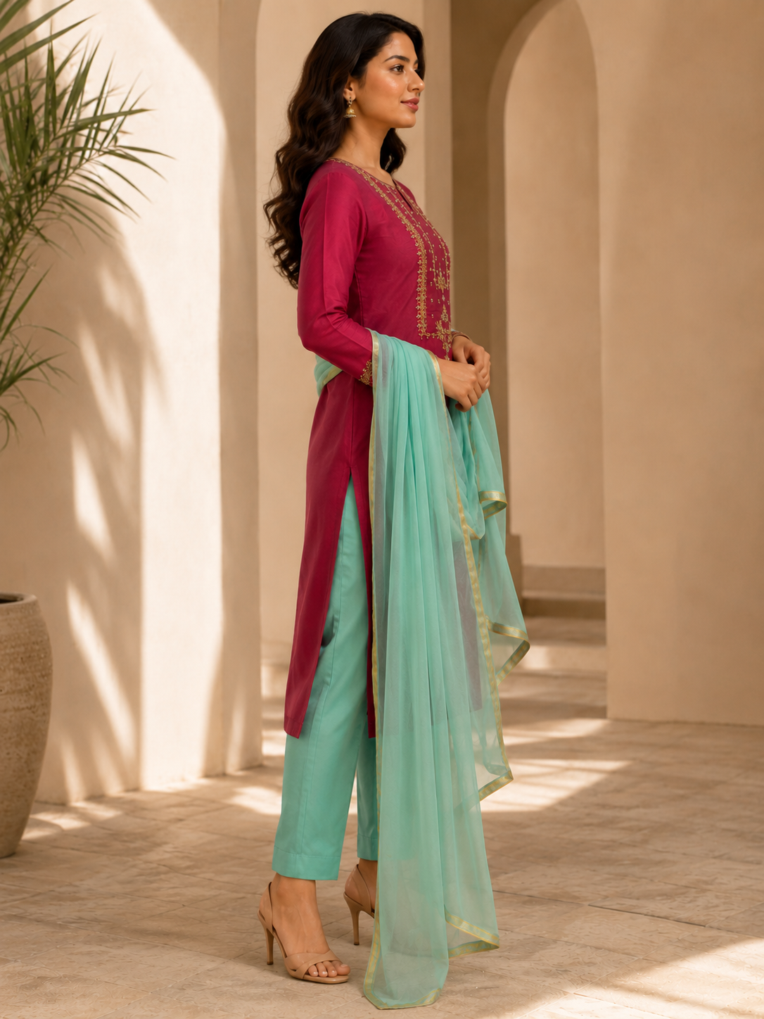 Women's Maroon Embroidered Kurta Set with Sea Green Dupatta & Straight Pants