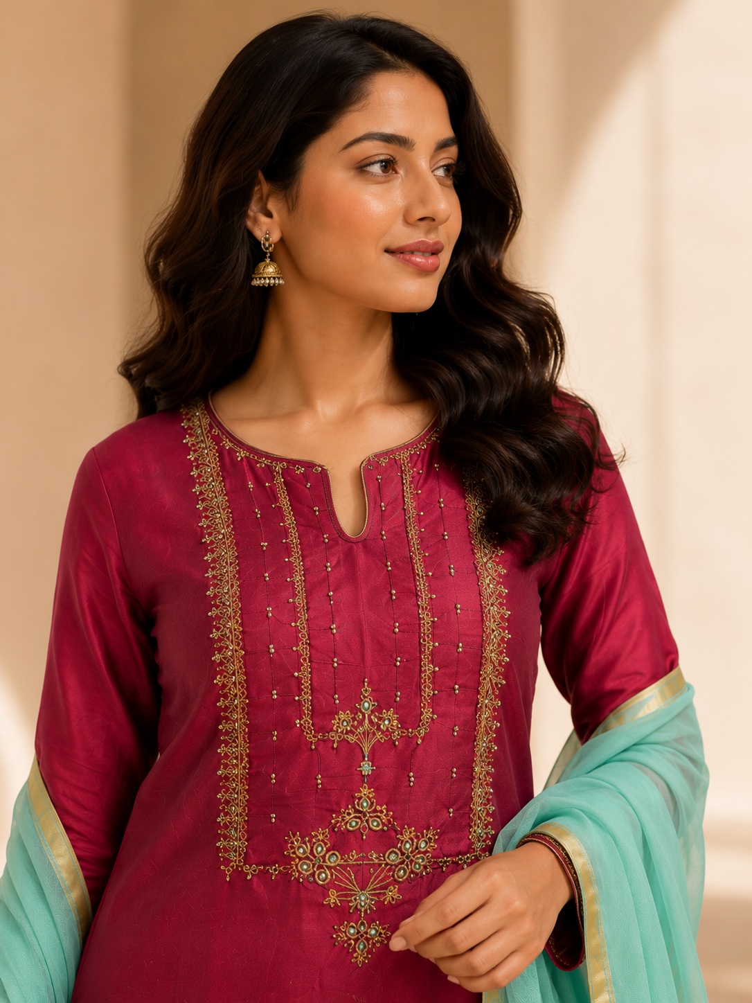 Women's Maroon Embroidered Kurta Set with Sea Green Dupatta & Straight Pants