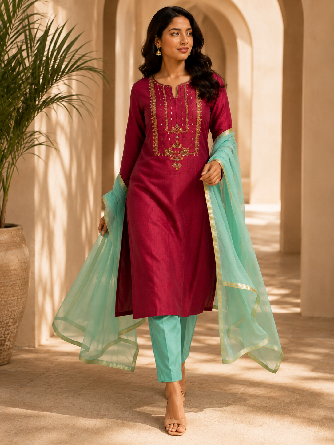 Women's Maroon Embroidered Kurta Set with Sea Green Dupatta & Straight Pants