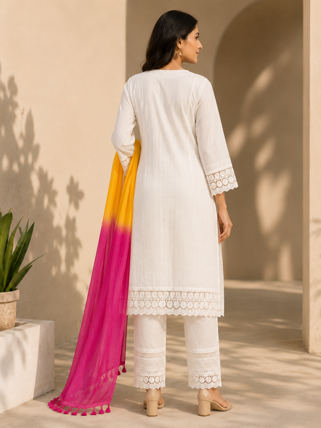Women's White Embroidered Cotton Kurta Set with Lace Pants & Yellow Pink Ombre Dupatta