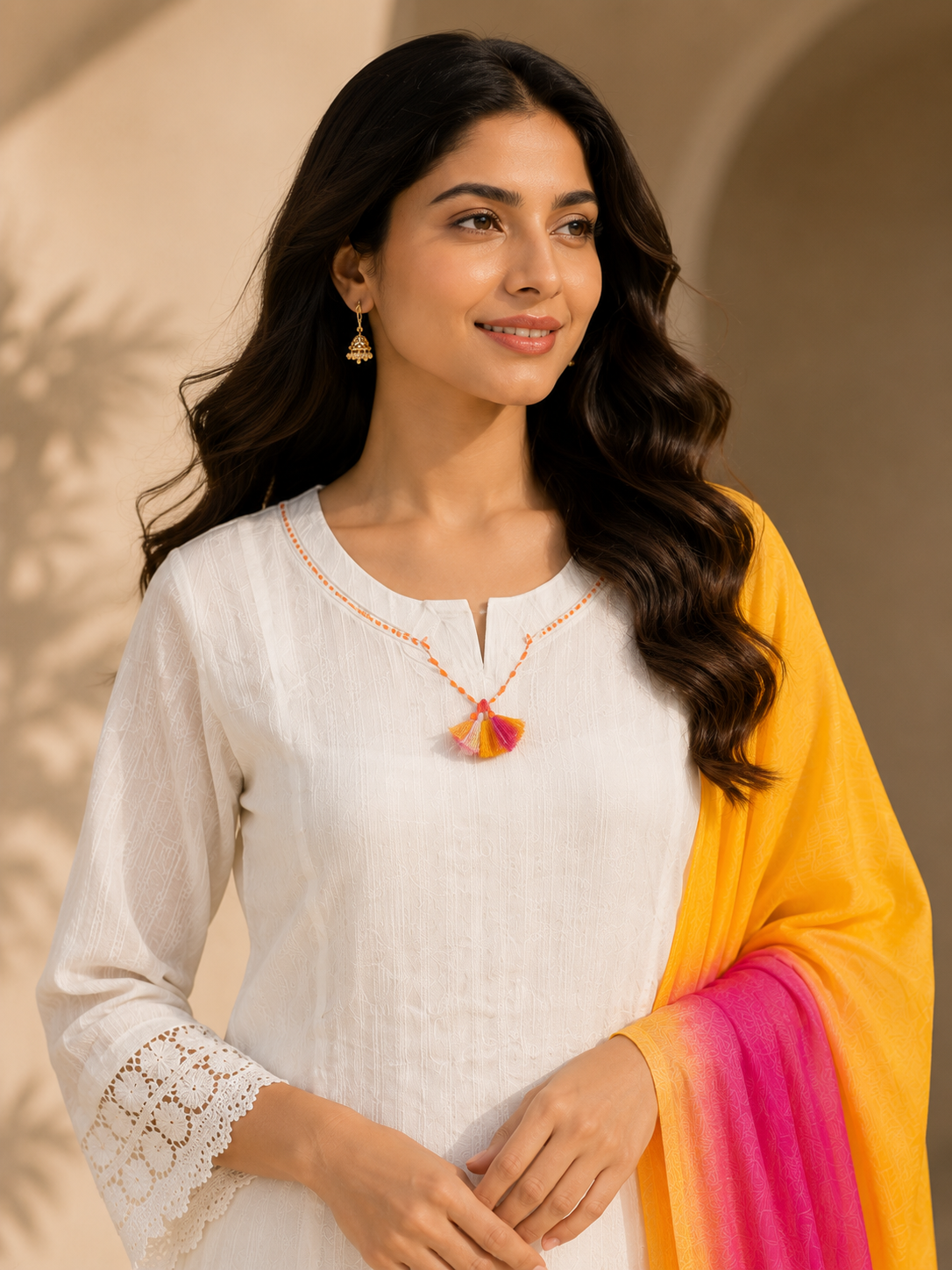 Women's White Embroidered Cotton Kurta Set with Lace Pants & Yellow Pink Ombre Dupatta