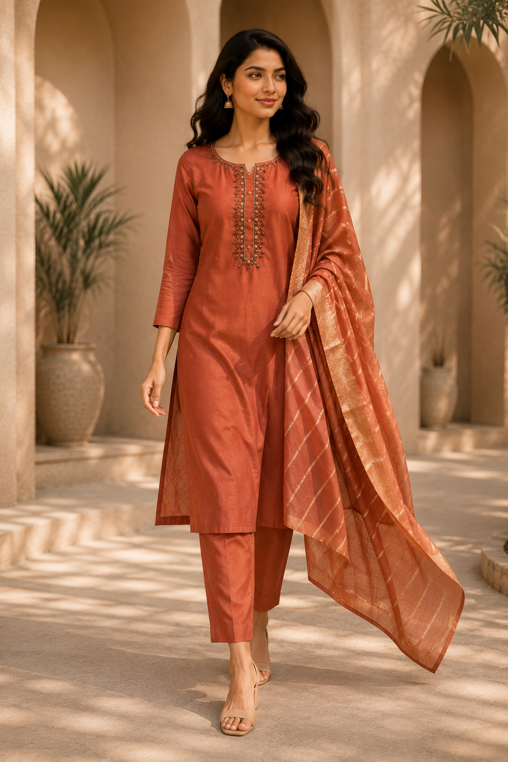 Women's Rust Brown Embroidered Kurta Set with Gold Striped Dupatta