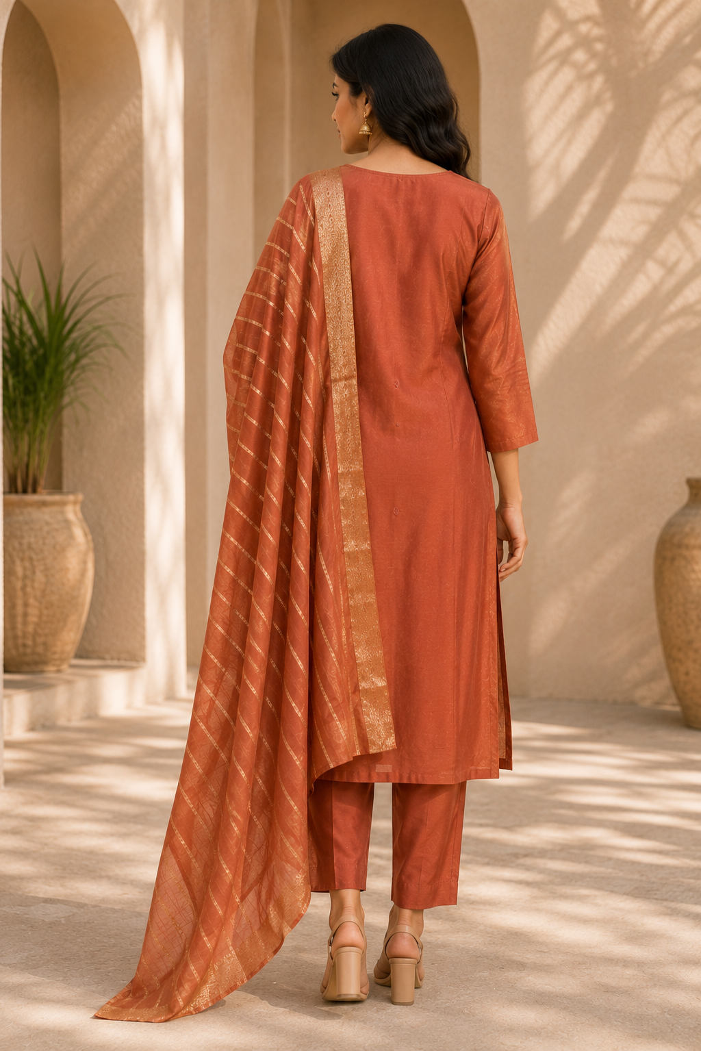 Women's Rust Brown Embroidered Kurta Set with Gold Striped Dupatta