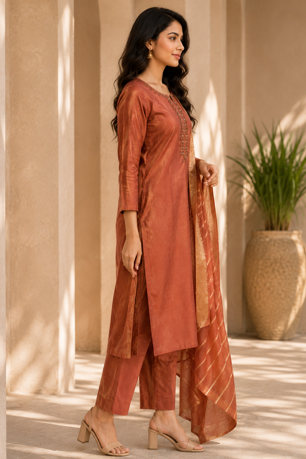 Women's Rust Brown Embroidered Kurta Set with Gold Striped Dupatta