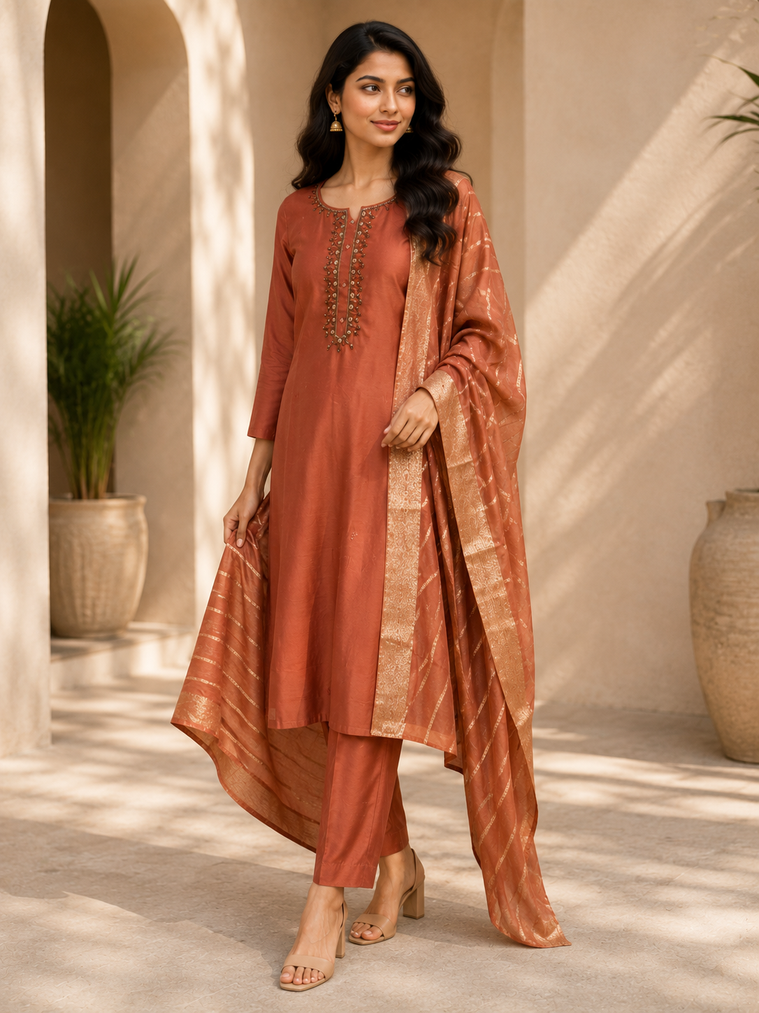 Women's Rust Brown Embroidered Kurta Set with Gold Striped Dupatta