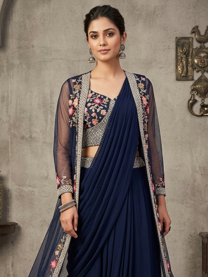 Designer Navy Blue Saree Set with Long Jacket – The Perfect Choice for Weddings & Festive Celebrations 2 Gemini Generated Image 24s1lh24s1lh24s1 edited