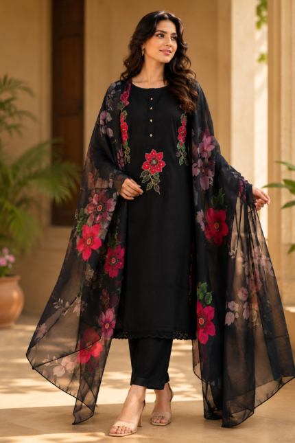 Jet Black Plus Size Embroidered Kurti Set with Organza Floral Dupatta | Women's Festive Ethnic Wear | Sizes 46 & 48