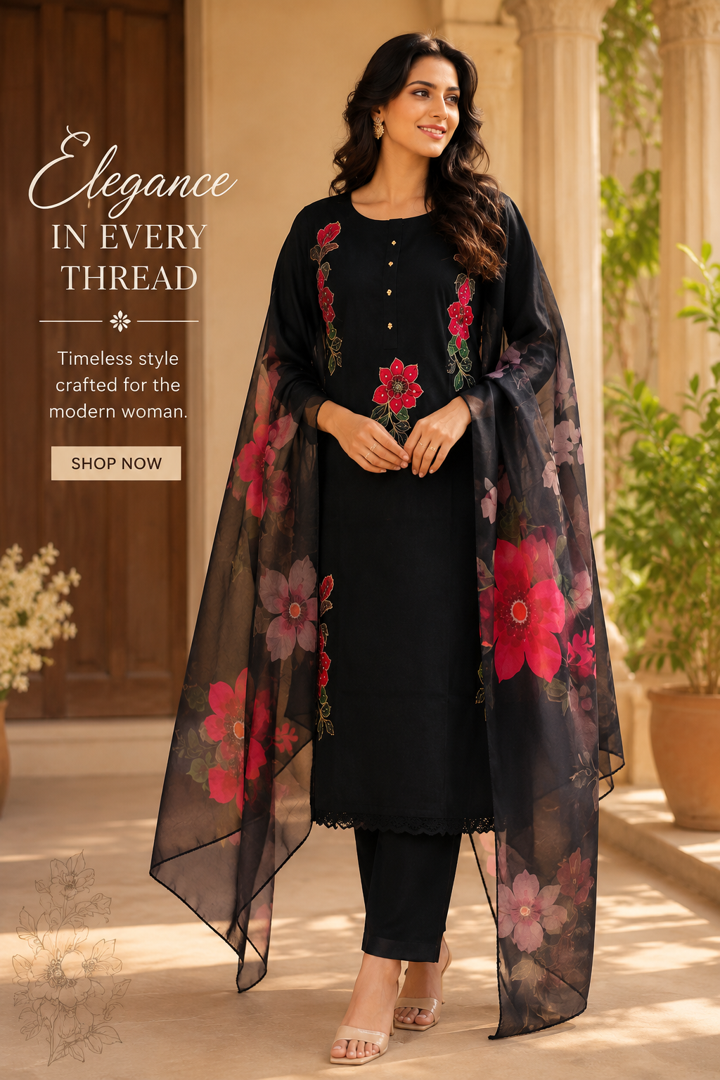 Jet Black Plus Size Embroidered Kurti Set with Organza Floral Dupatta | Women's Festive Ethnic Wear | Sizes 46 & 48