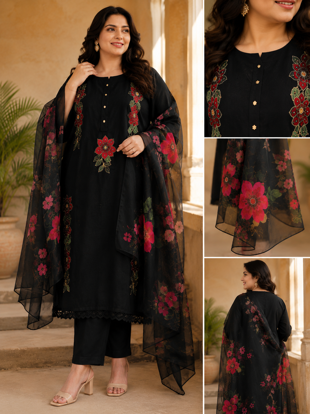 Jet Black Plus Size Embroidered Kurti Set with Organza Floral Dupatta | Women's Festive Ethnic Wear | Sizes 46 & 48