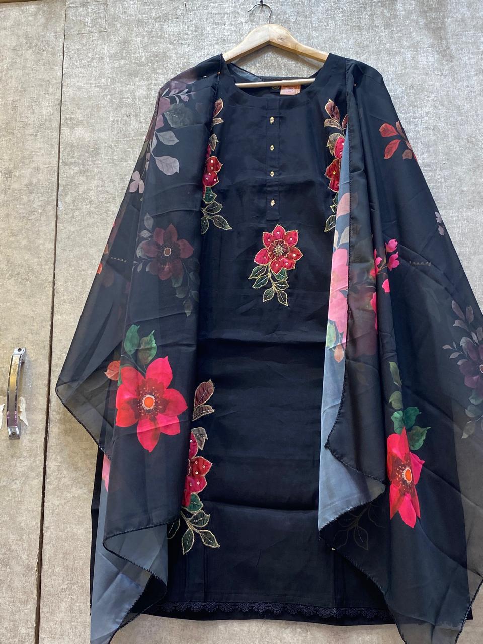 Jet Black Plus Size Embroidered Kurti Set with Organza Floral Dupatta | Women's Festive Ethnic Wear | Sizes 46 & 48