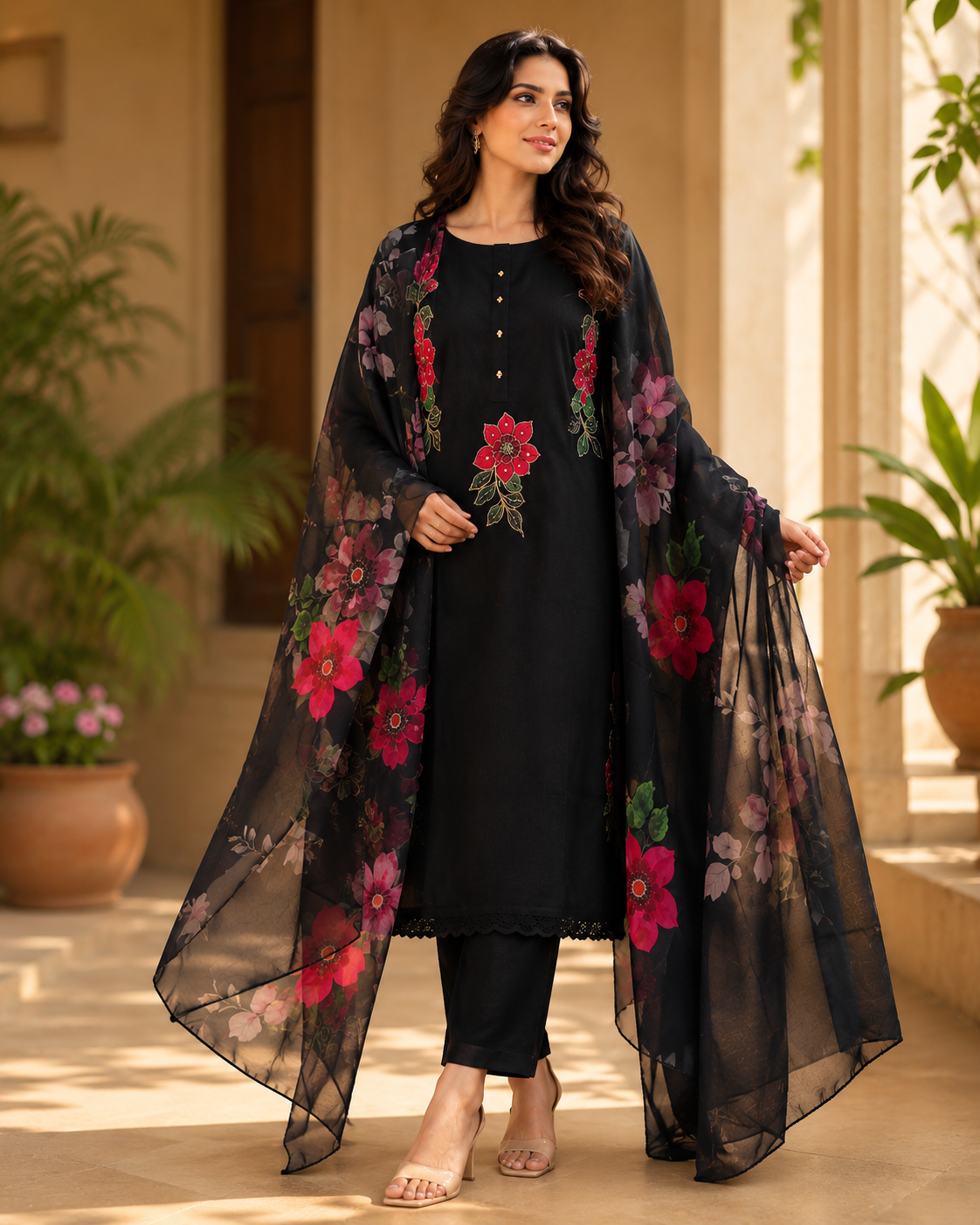 Jet Black Plus Size Embroidered Kurti Set with Organza Floral Dupatta | Women's Festive Ethnic Wear | Sizes 46 & 48