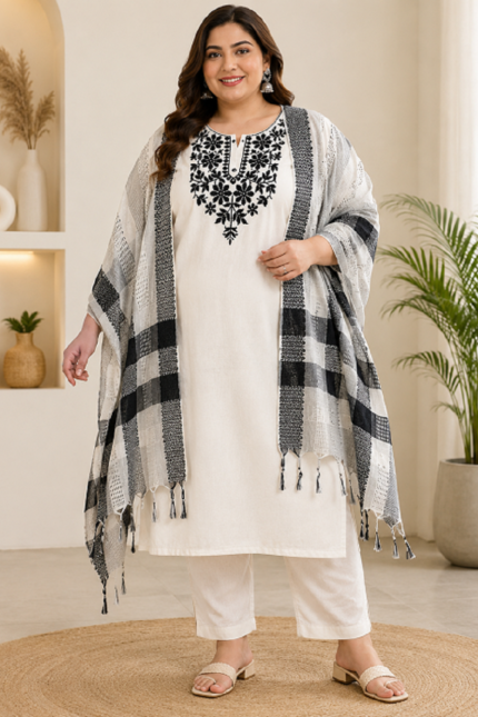 Women's Khadi Cotton Embroidered Kurta Pant Set with Striped South Border Dupatta | Plus Size 46-50