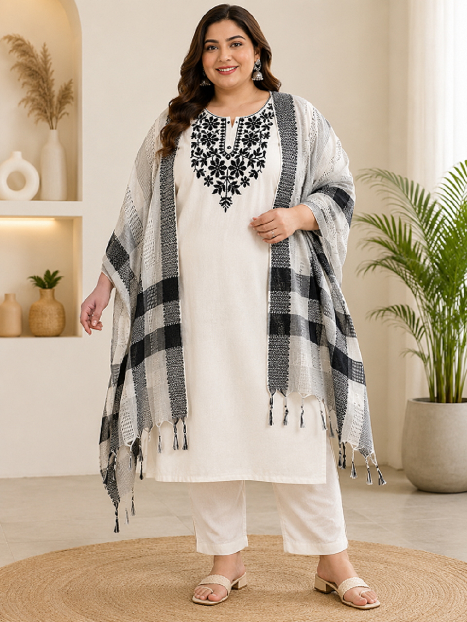 Women's Khadi Cotton Embroidered Kurta Pant Set with Striped South Border Dupatta | Plus Size 46-50