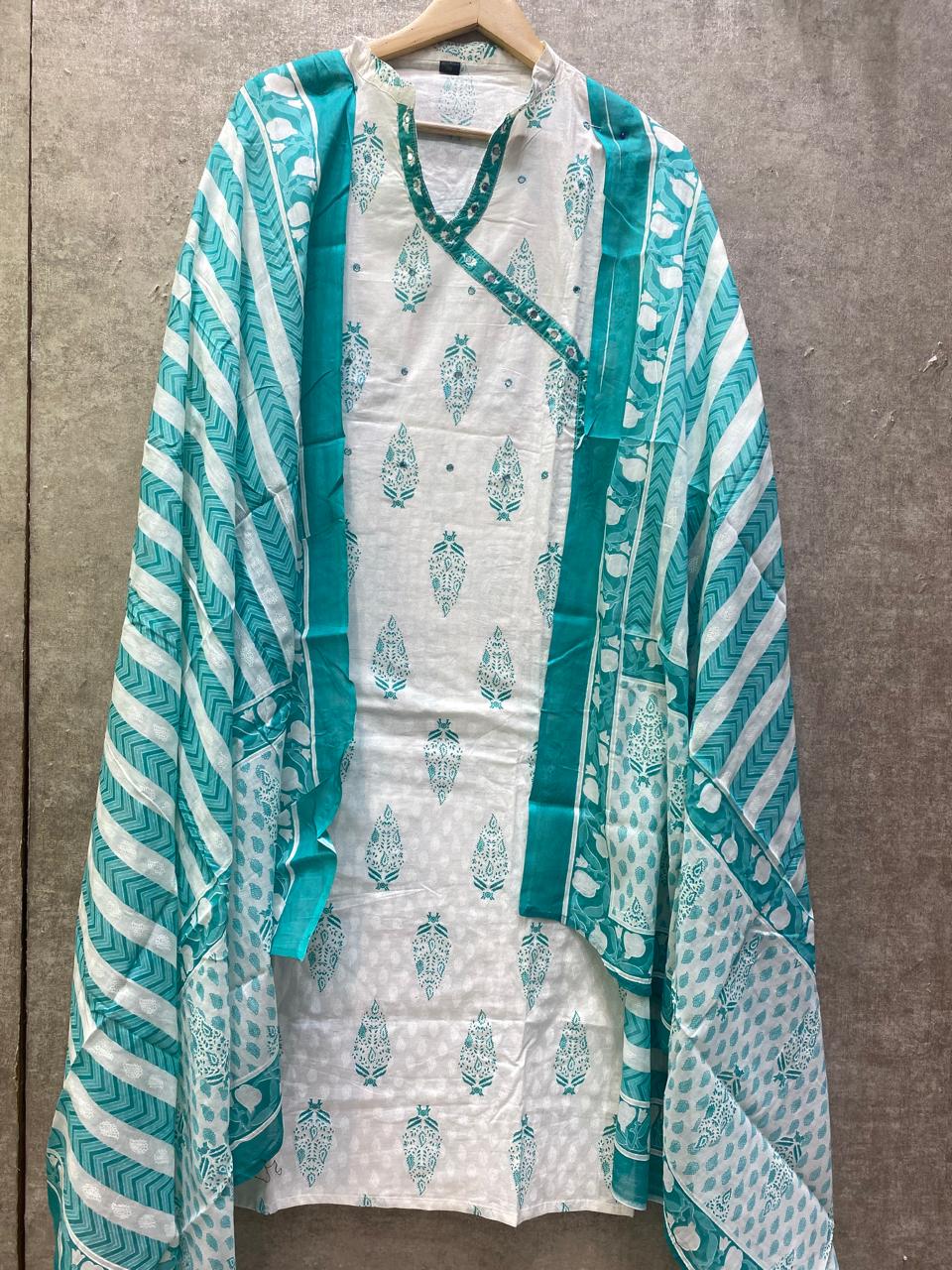White & Turquoise Blue Printed Cotton Kurta Pant Set with Dupatta for Women | Elegant Ethnic Wear