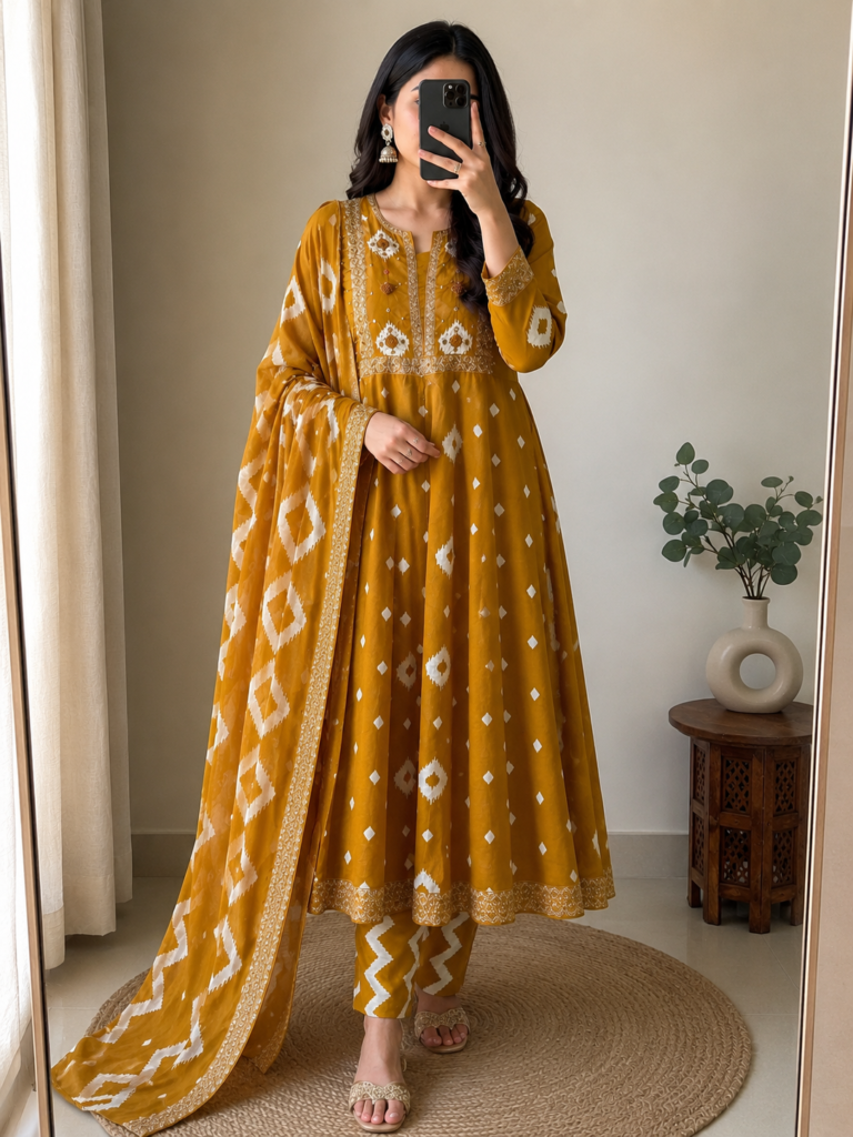 Mustard Yellow Printed Anarkali Suit Set with Dupatta for Women