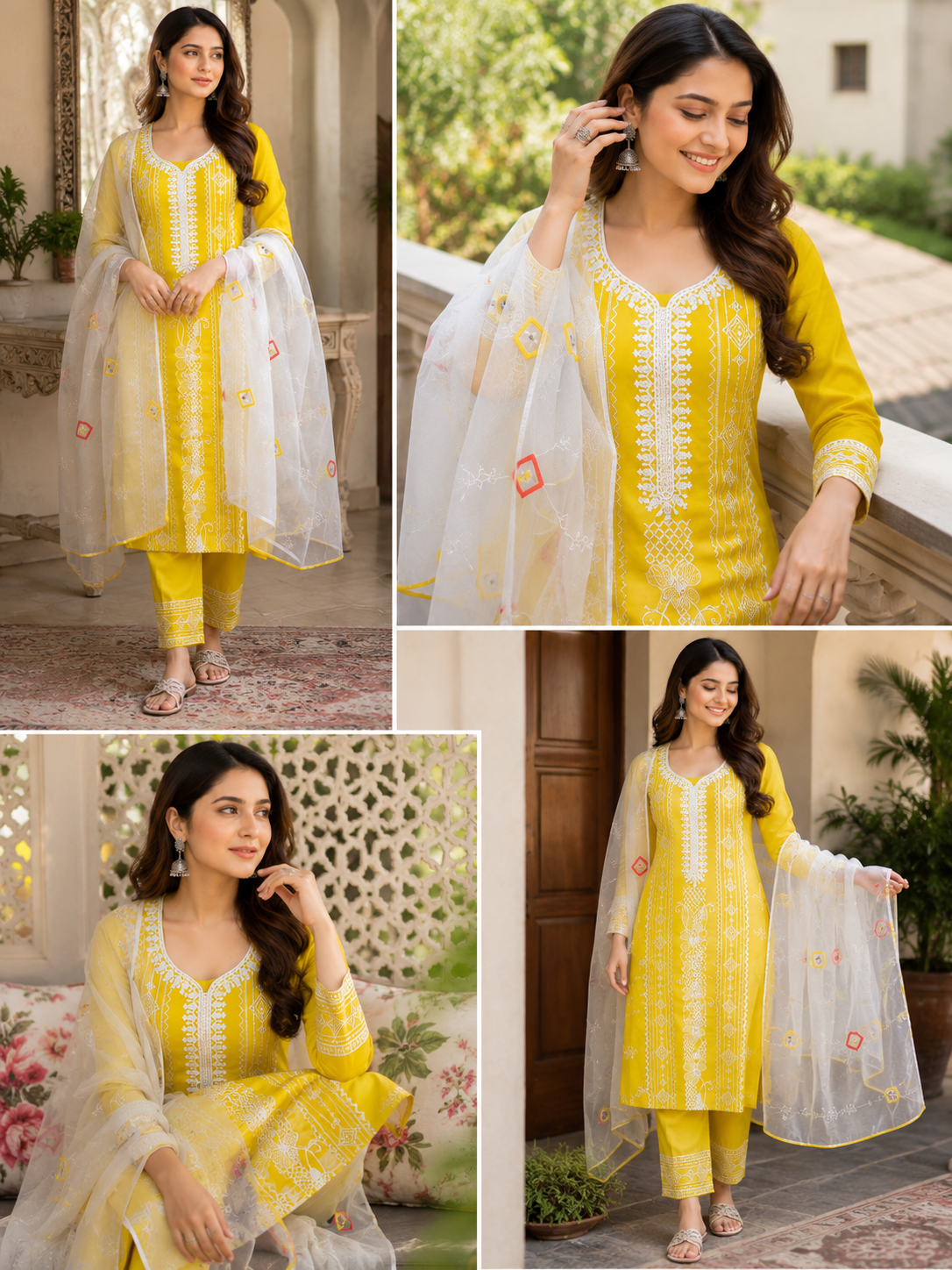 Women's Yellow Embroidered Cotton Kurta Pant Set with Organza Dupatta