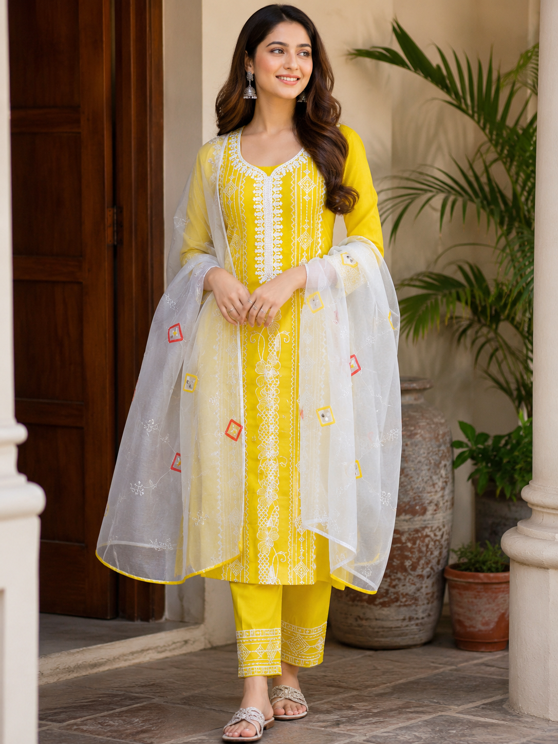 Women's Yellow Embroidered Cotton Kurta Pant Set with Organza Dupatta