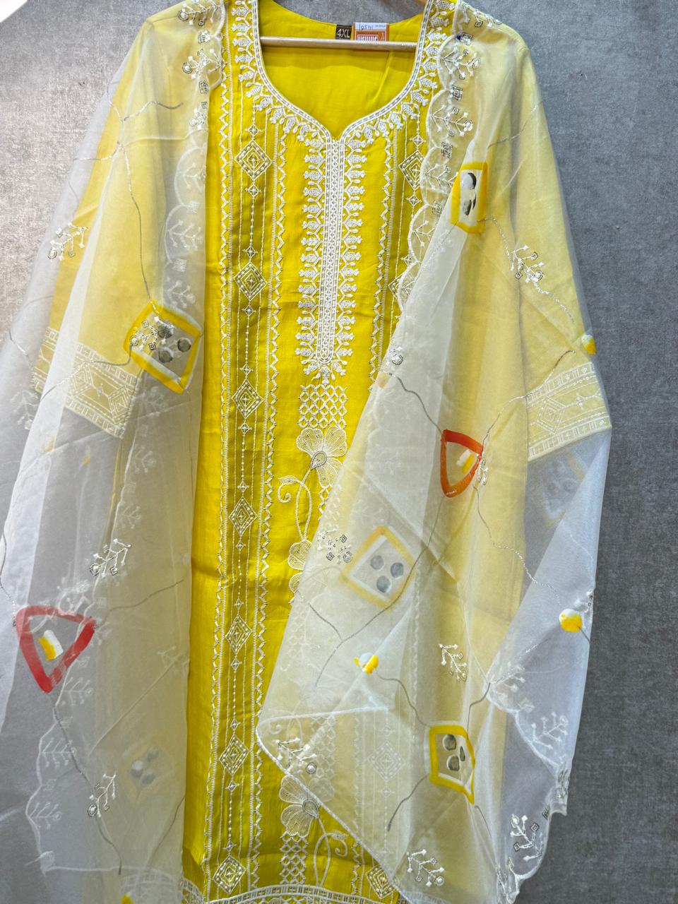Women's Yellow Embroidered Cotton Kurta Pant Set with Organza Dupatta