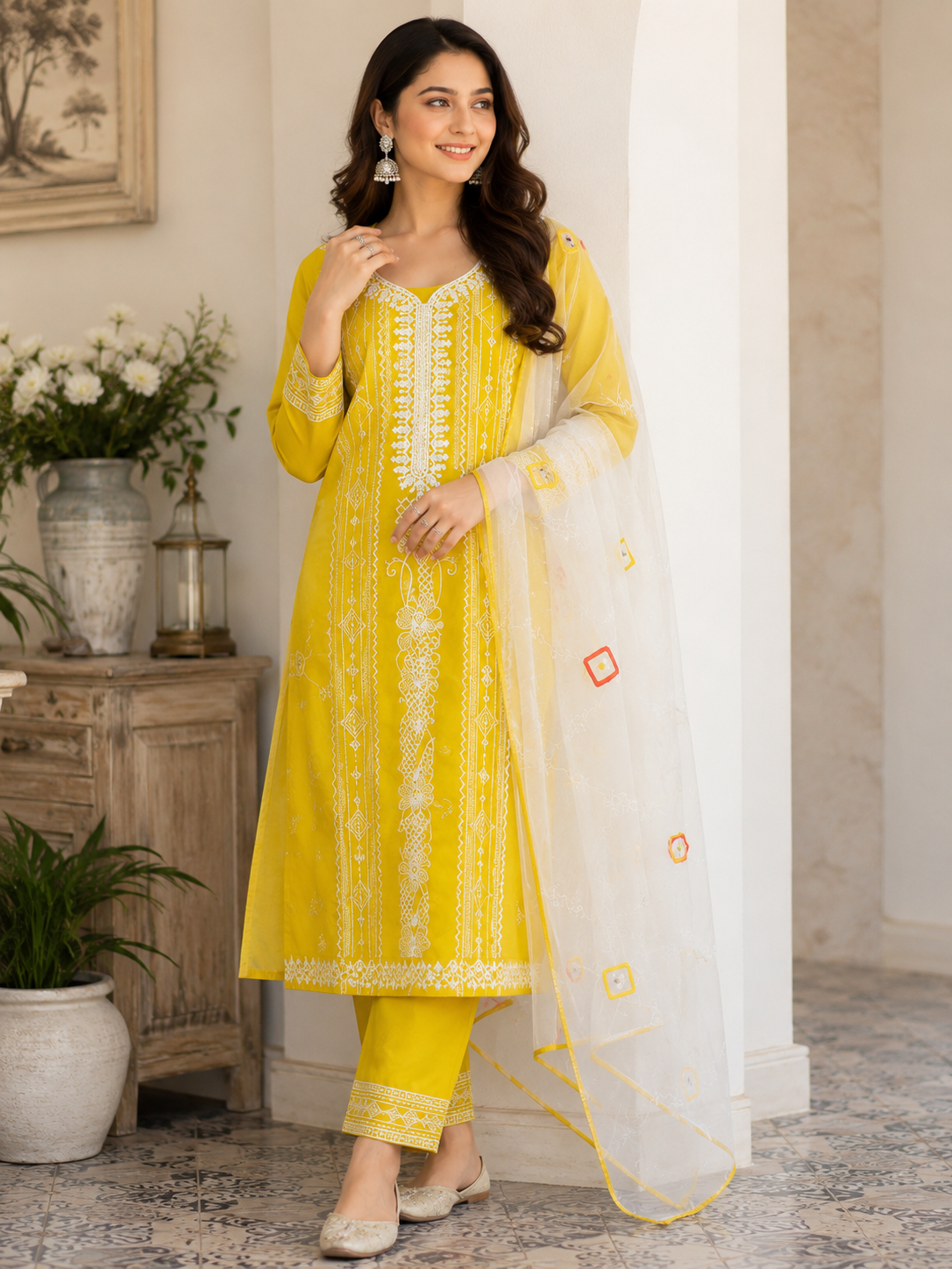 Women's Yellow Embroidered Cotton Kurta Pant Set with Organza Dupatta