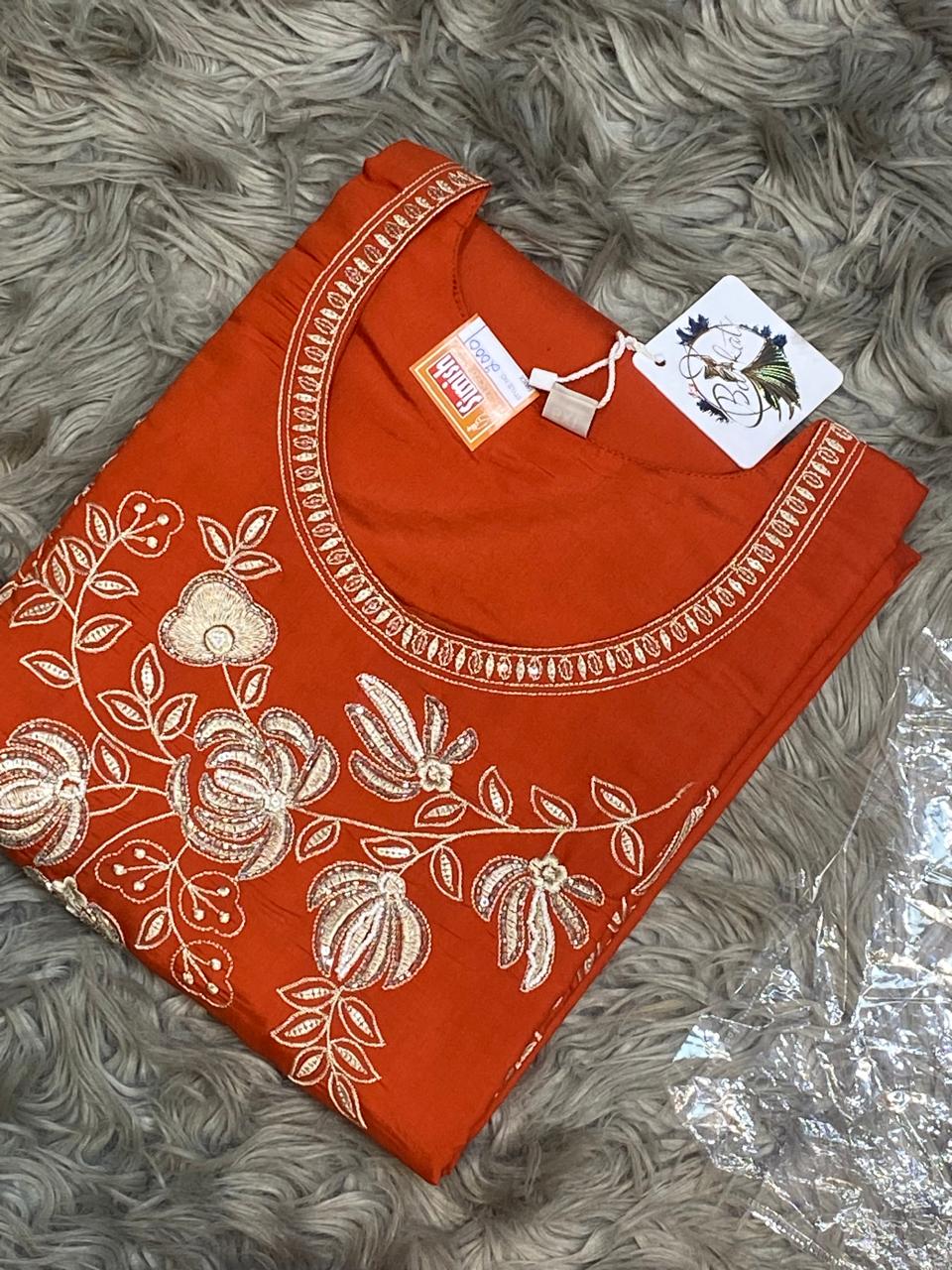 Women's Rust Orange Embroidered Cotton Kurta Set with Organza Dupatta | Designer Ethnic Wear