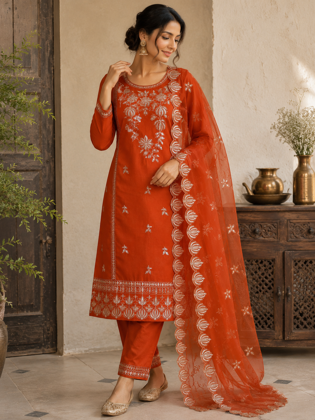 Women's Rust Orange Embroidered Cotton Kurta Set with Organza Dupatta | Designer Ethnic Wear