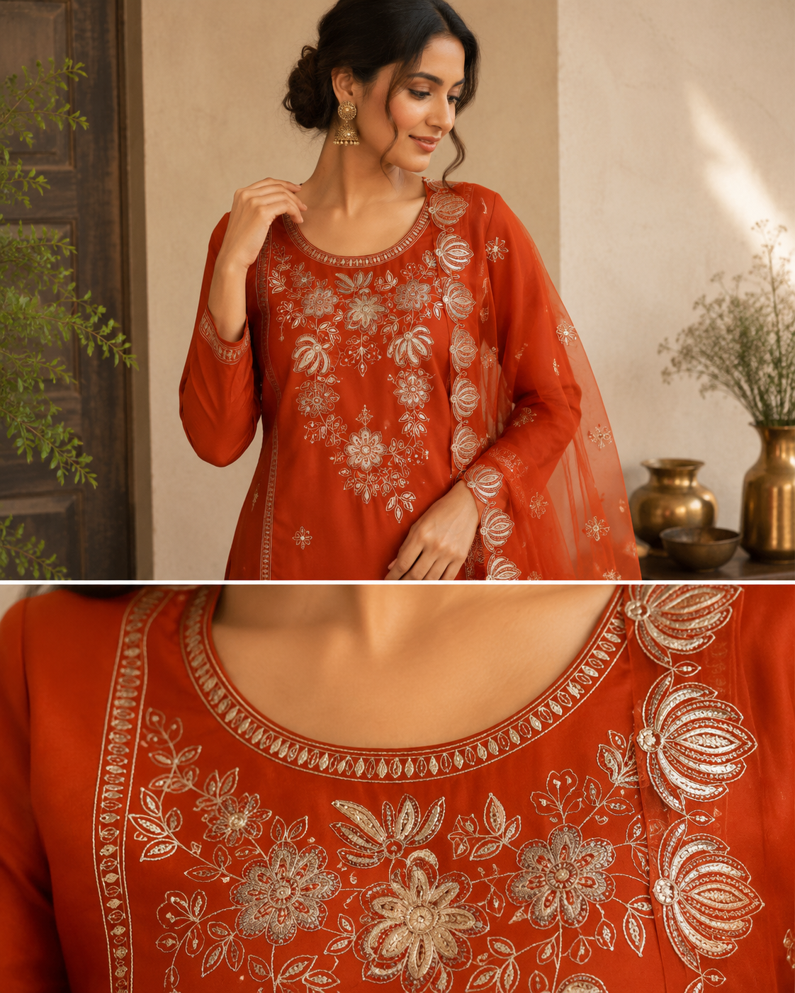 Women's Rust Orange Embroidered Cotton Kurta Set with Organza Dupatta | Designer Ethnic Wear