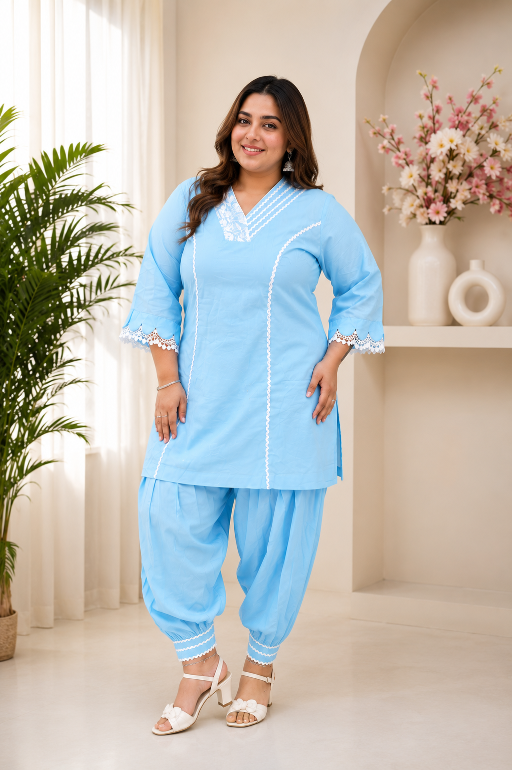 Sky Blue Plus Size Cotton Kurta Patiala Set for Women | Comfortable Ethnic Wear
